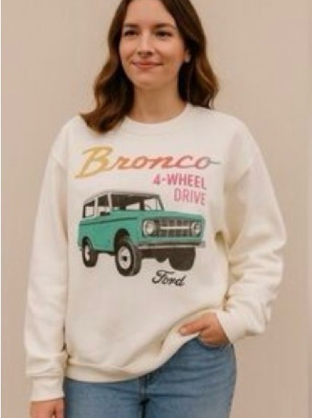 Ford White Crewneck Sweater with Teal Jeep  Bronco Graphic and Yellow Script